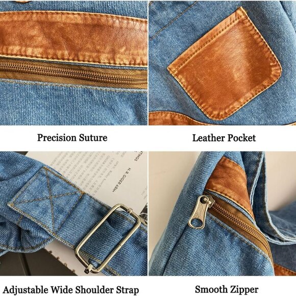 Denim Purse for Women Men Tote Bag with Zipper Crossbody Blue Jean Purses Canvas - Picture 6 of 9